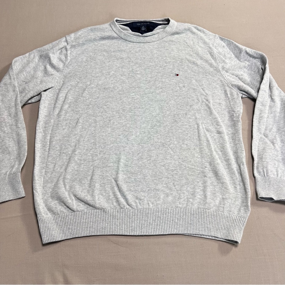 Tommy Hilfiger Gray Crewneck Sweater Men’s Large Cotton Classic Logo Pullover